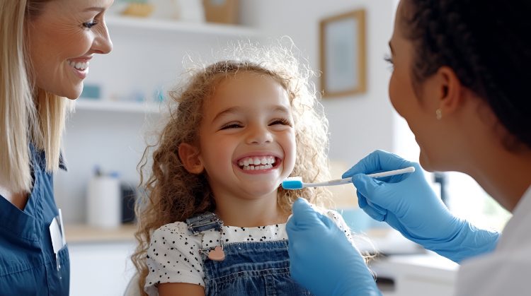 Happy child smiling during dental visit with dentist and parent nearby.